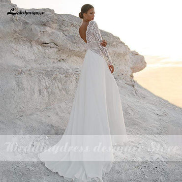 Lakshmigown Long Sleeves Boho Wedding Dresses V Neck Bohemian Lace - ROYCEBRIDAL OFFICIAL STORE