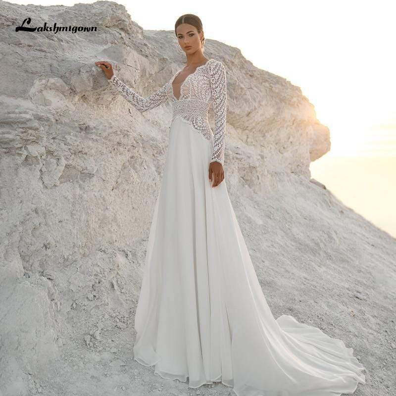 Lakshmigown Long Sleeves Boho Wedding Dresses V Neck Bohemian Lace - ROYCEBRIDAL OFFICIAL STORE