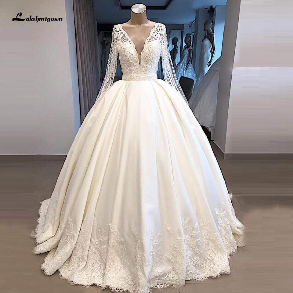 Lakshmigown Saudi Arabic Pearls Ball Gown Satin Wedding Dresses - ROYCEBRIDAL OFFICIAL STORE