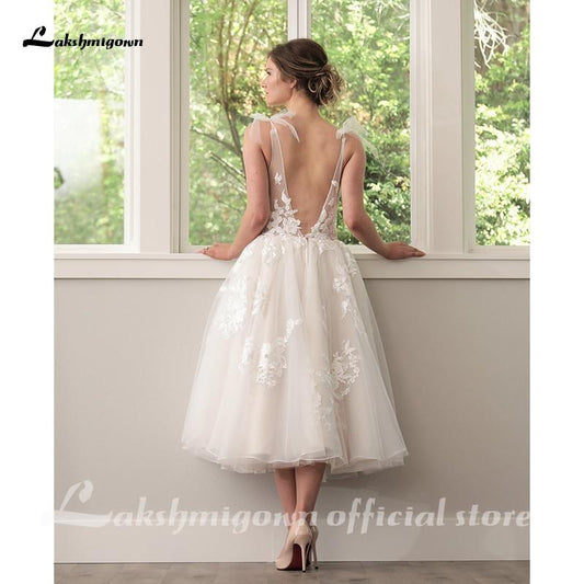 Lakshmigown Short Wedding Dresses V Neck Lace - ROYCEBRIDAL OFFICIAL STORE