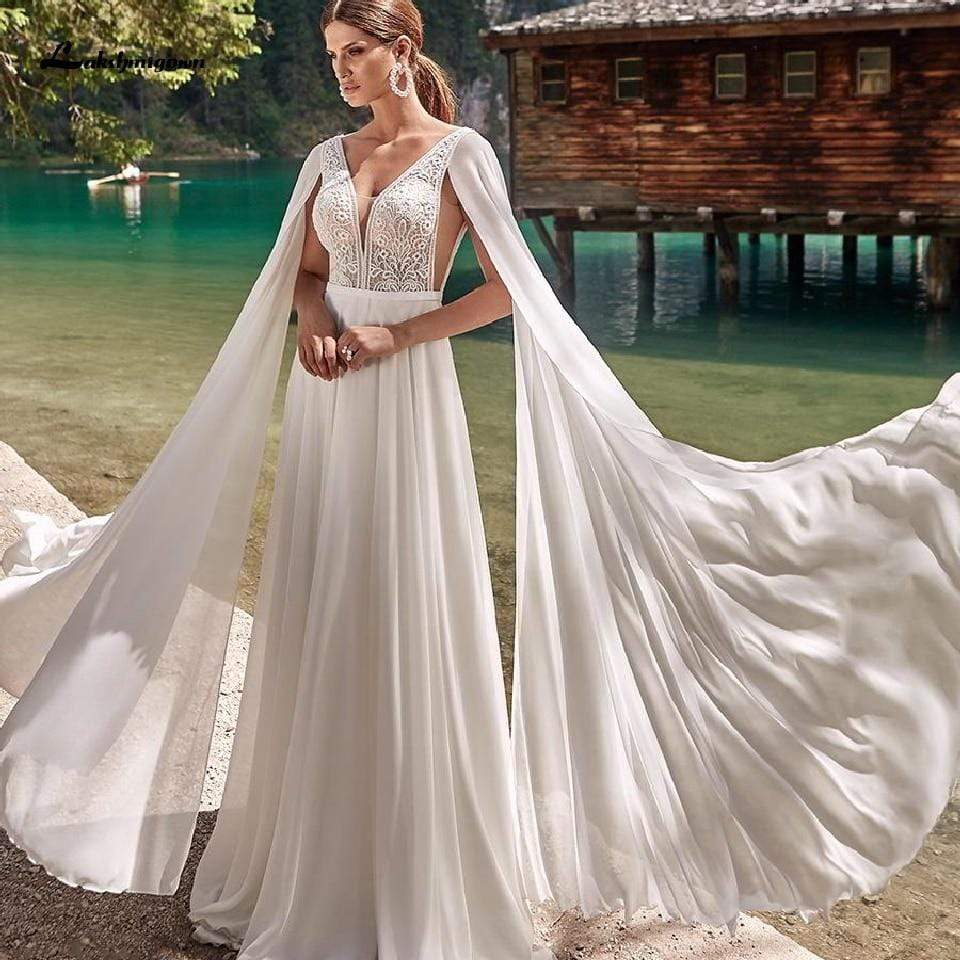 Lakshmigown Wedding Dress V Neck Chiffon Long Beach - ROYCEBRIDAL OFFICIAL STORE