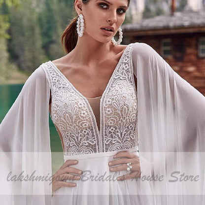 Lakshmigown Wedding Dress V Neck Chiffon Long Beach - ROYCEBRIDAL OFFICIAL STORE