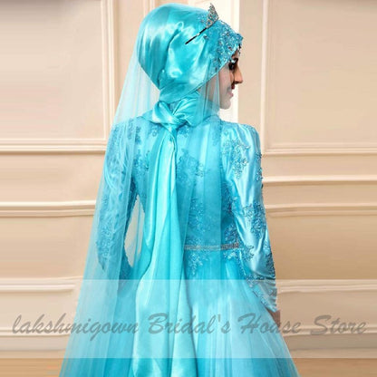 Latest Blue Muslim Hijab Wedding Dress Tulle Long Sleeve - ROYCEBRIDAL OFFICIAL STORE