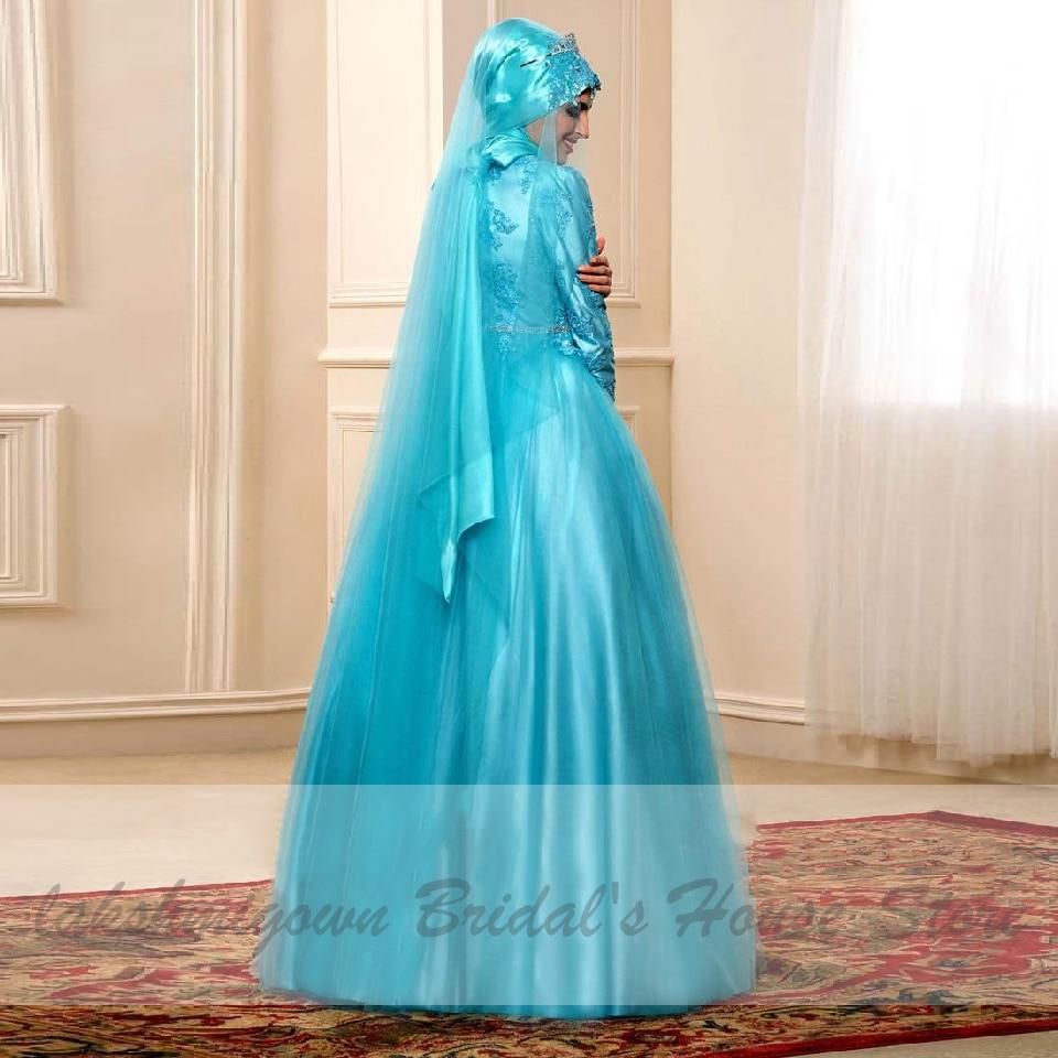 Latest Blue Muslim Hijab Wedding Dress Tulle Long Sleeve - ROYCEBRIDAL OFFICIAL STORE