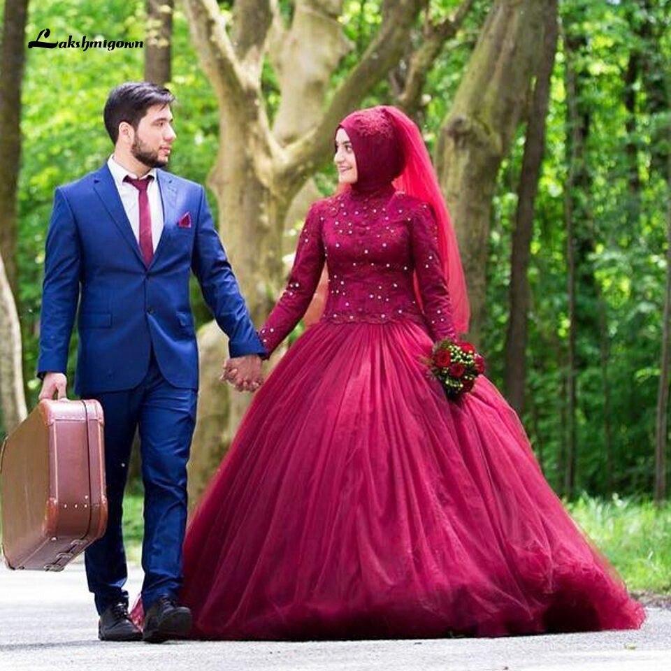 Latest Burgundy Muslim Wedding Dress with Hijab - ROYCEBRIDAL OFFICIAL STORE