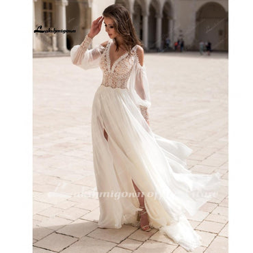 Long Puff Sleeves Wedding Dress Lace And Chiffon A Line - ROYCEBRIDAL OFFICIAL STORE