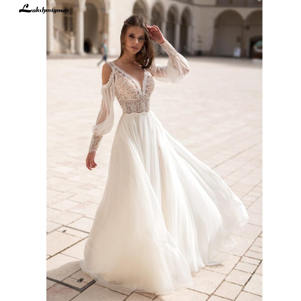 Long Puff Sleeves Wedding Dress Lace And Chiffon A Line - ROYCEBRIDAL OFFICIAL STORE