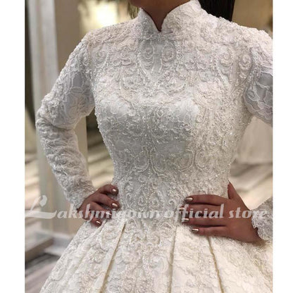 Long Sleeve Arabic Wedding Dresses Beaded Pearls Lace Bridal Gowns - ROYCEBRIDAL OFFICIAL STORE