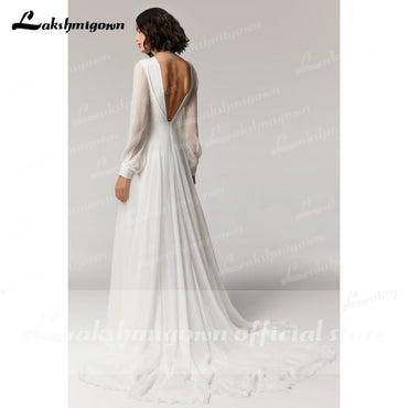 Long Sleeve Backless Chiffon O Neck Beach Wedding Dresses - ROYCEBRIDAL OFFICIAL STORE