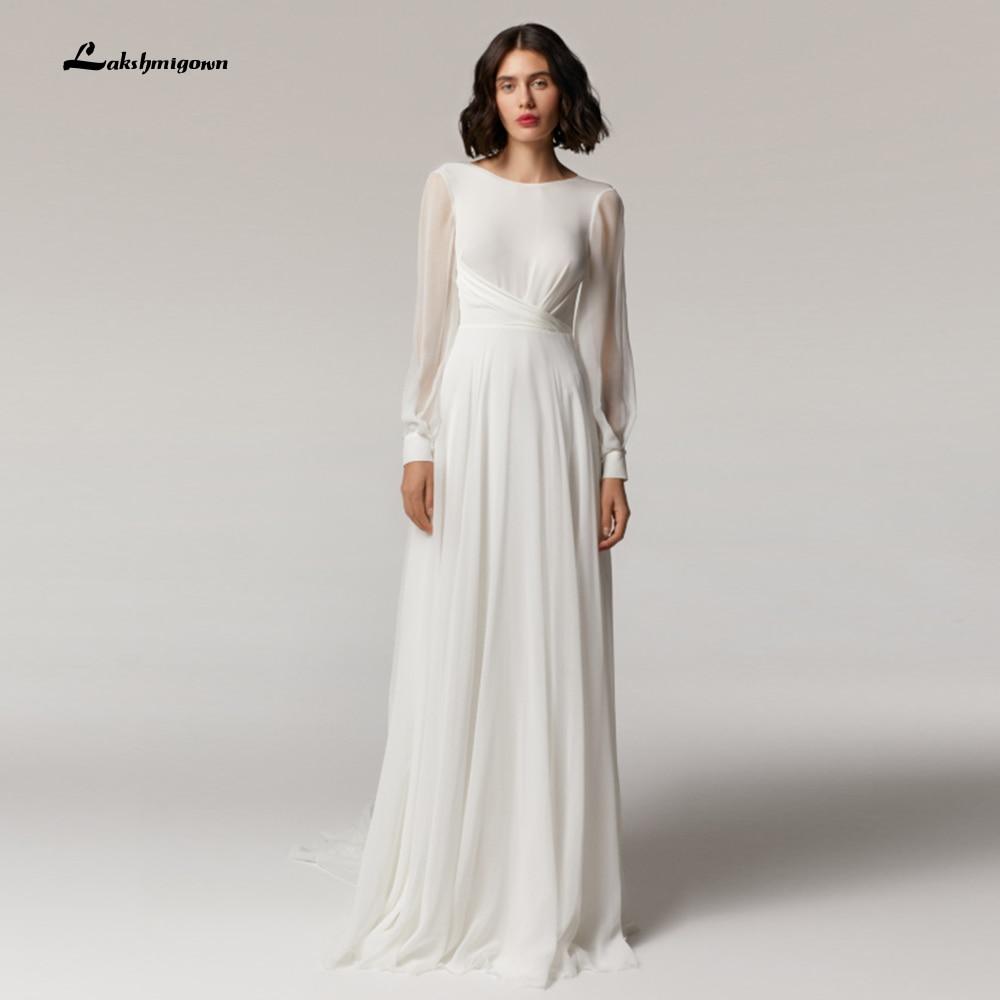 Long Sleeve Backless Chiffon O Neck Beach Wedding Dresses - ROYCEBRIDAL OFFICIAL STORE