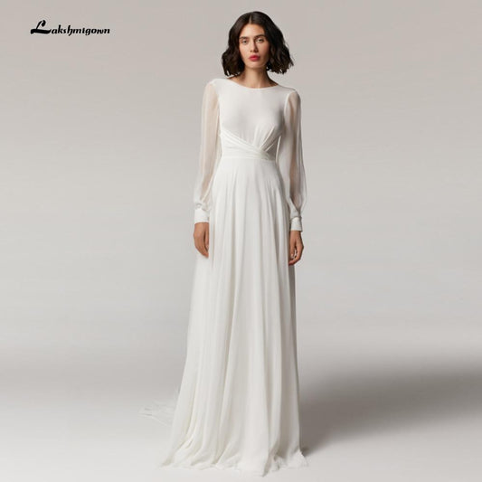 Long Sleeve Backless Chiffon O Neck Beach Wedding Dresses - ROYCEBRIDAL OFFICIAL STORE