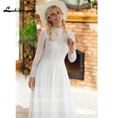 Long Sleeve Chiffon Lace Beach Elegant Wedding Dresses - ROYCEBRIDAL OFFICIAL STORE