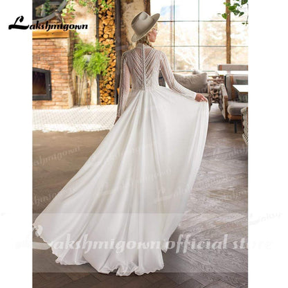 Long Sleeve Chiffon Lace Beach Elegant Wedding Dresses - ROYCEBRIDAL OFFICIAL STORE