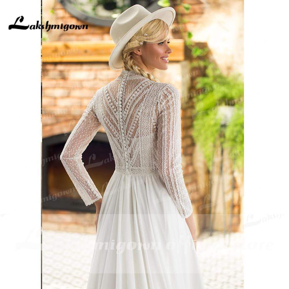 Long Sleeve Chiffon Lace Beach Elegant Wedding Dresses - ROYCEBRIDAL OFFICIAL STORE