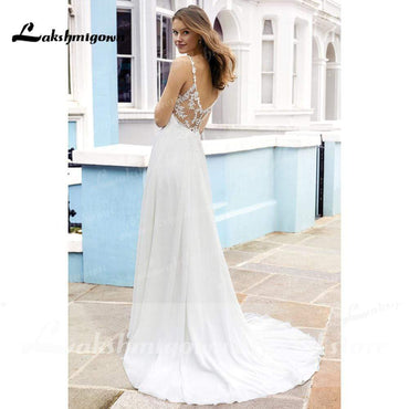 Long Sleeve Deep V Neck Lace Beads Luxury Backless Wedding Dresses - ROYCEBRIDAL OFFICIAL STORE