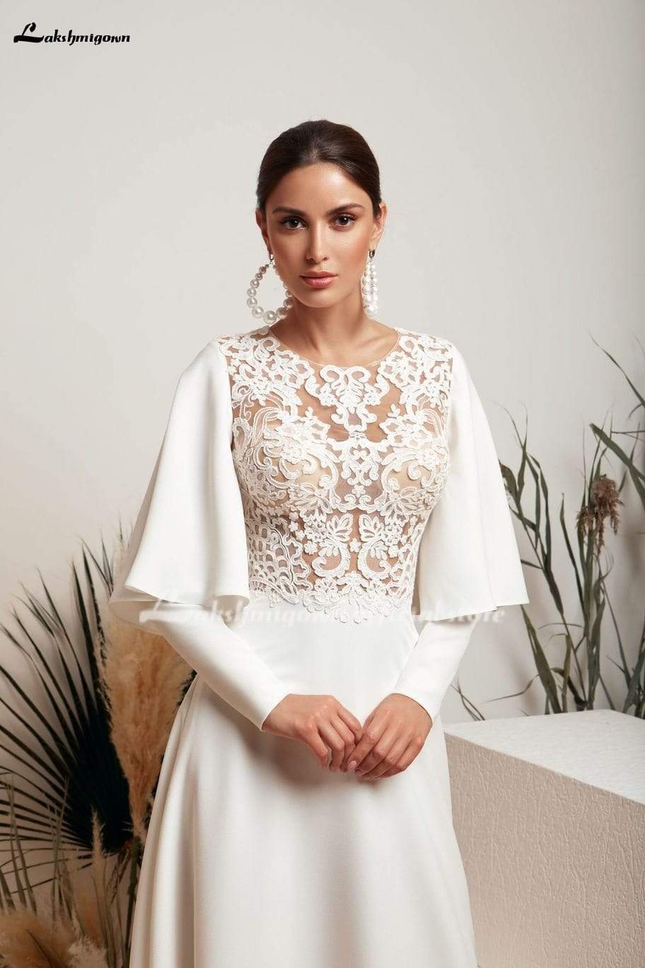 Long Sleeve High Neck Lace Back Buttons Wedding Dresses - ROYCEBRIDAL OFFICIAL STORE