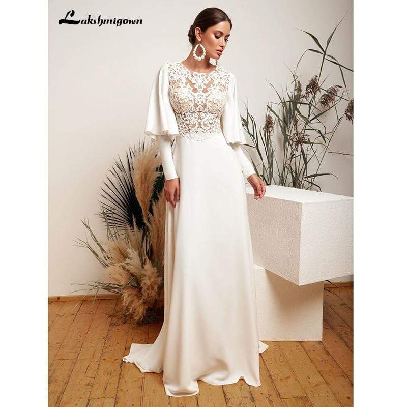 Long Sleeve High Neck Lace Back Buttons Wedding Dresses - ROYCEBRIDAL OFFICIAL STORE