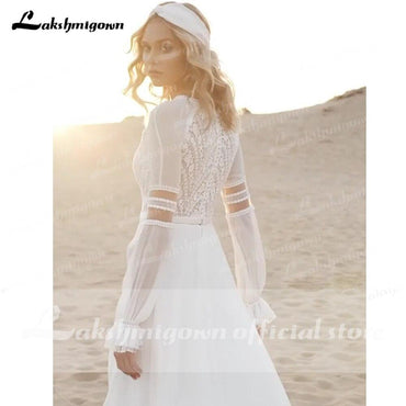 Long Sleeve Lace Chiffon Boho A Line Wedding Dresses - ROYCEBRIDAL OFFICIAL STORE