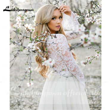 Long Sleeve Lace O Neck Short Bohemia Style Wedding Dresses - ROYCEBRIDAL OFFICIAL STORE