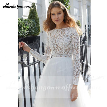 Long Sleeve Lace Tulle O Neck Ball Gown Wedding Dresses - ROYCEBRIDAL OFFICIAL STORE