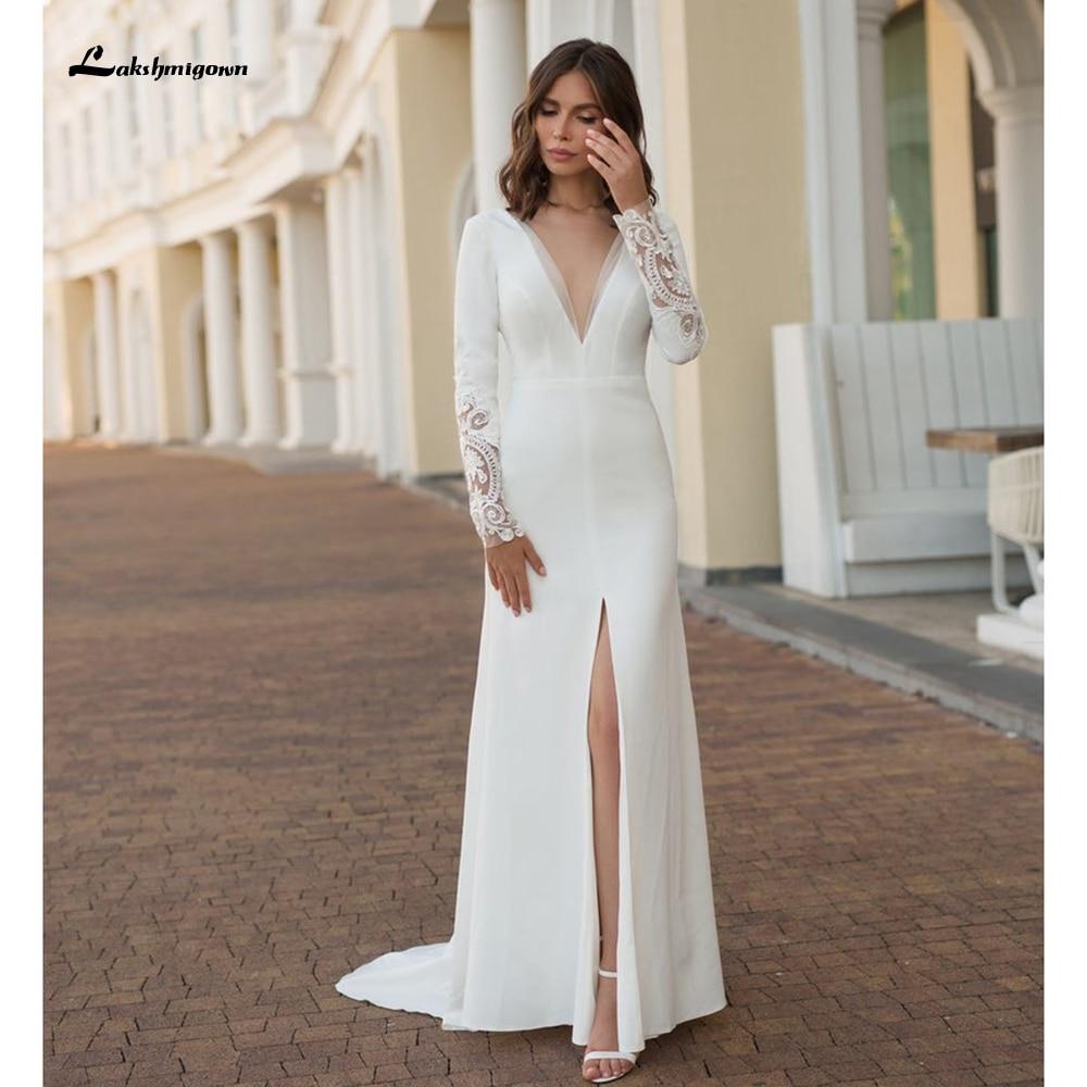 Long Sleeve Split Backless Lace Wedding Dresses - ROYCEBRIDAL OFFICIAL STORE