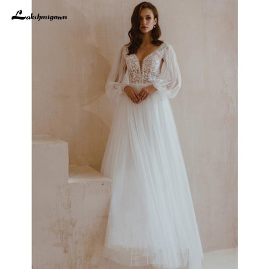 Long Sleeve Wedding Dresses A Line Simple Beach Chiffon - ROYCEBRIDAL OFFICIAL STORE