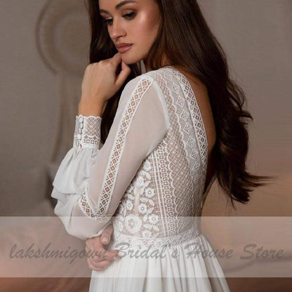 Long Sleeve Wedding Dresses A Line Simple Beach Chiffon - ROYCEBRIDAL OFFICIAL STORE