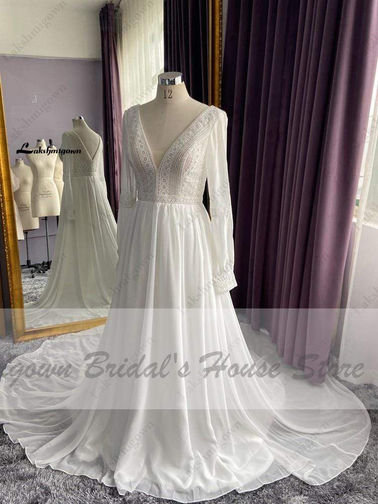 Long Sleeve Wedding Dresses A Line Simple Beach Chiffon - ROYCEBRIDAL OFFICIAL STORE