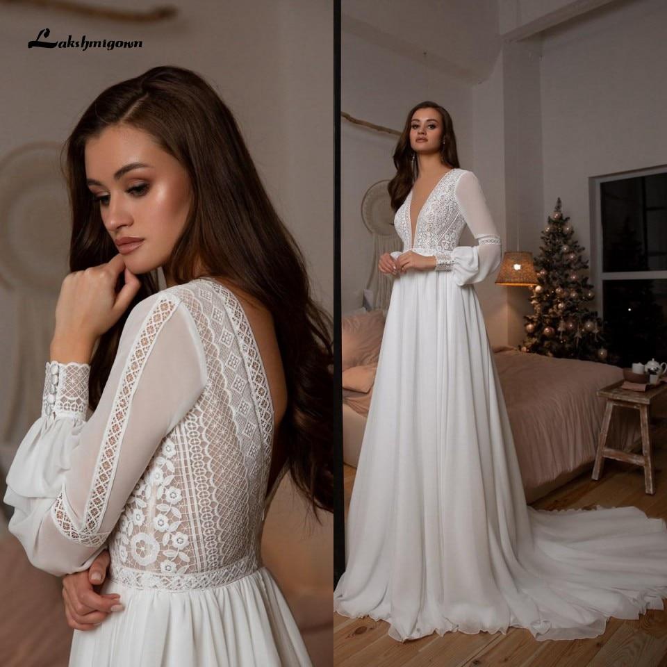 Long Sleeve Wedding Dresses A Line Simple Beach Chiffon - ROYCEBRIDAL OFFICIAL STORE