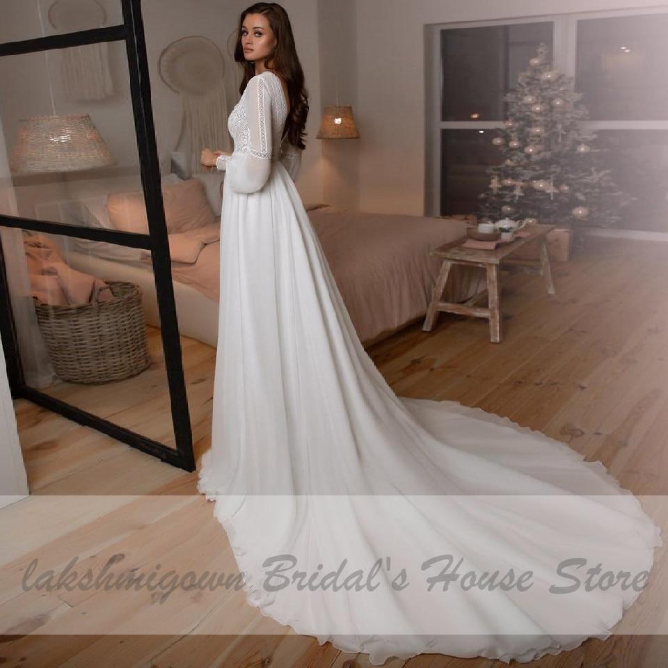 Long Sleeve Wedding Dresses A Line Simple Beach Chiffon - ROYCEBRIDAL OFFICIAL STORE