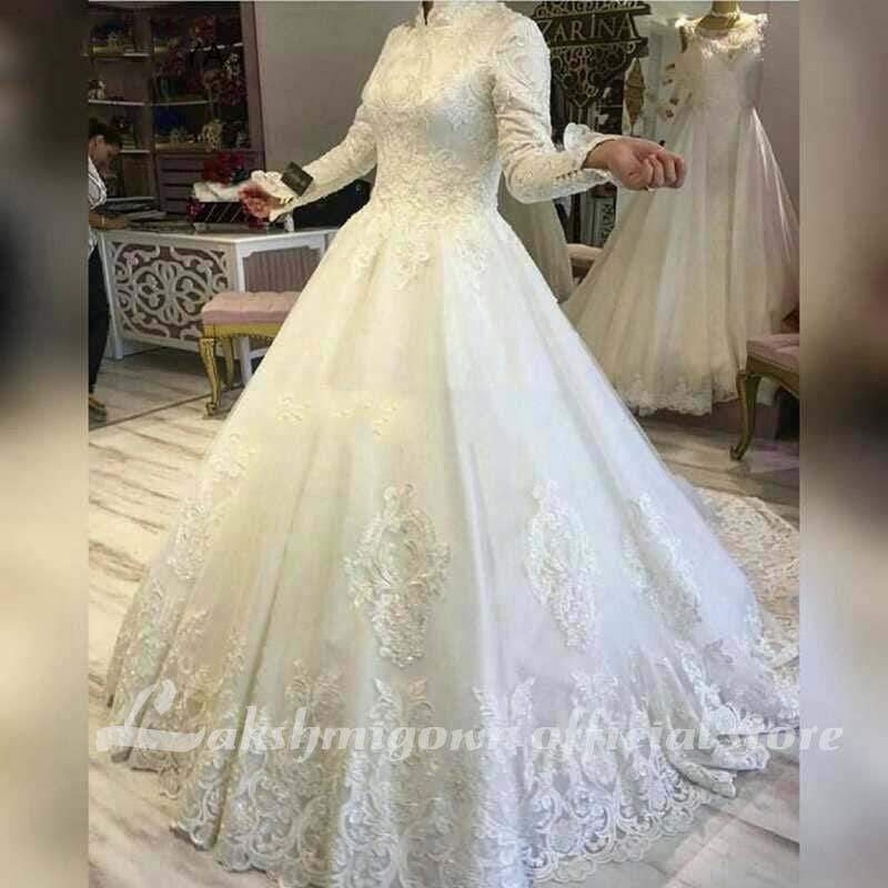 Long sleeve wedding dresses Appliques Lace Muslim - ROYCEBRIDAL OFFICIAL STORE