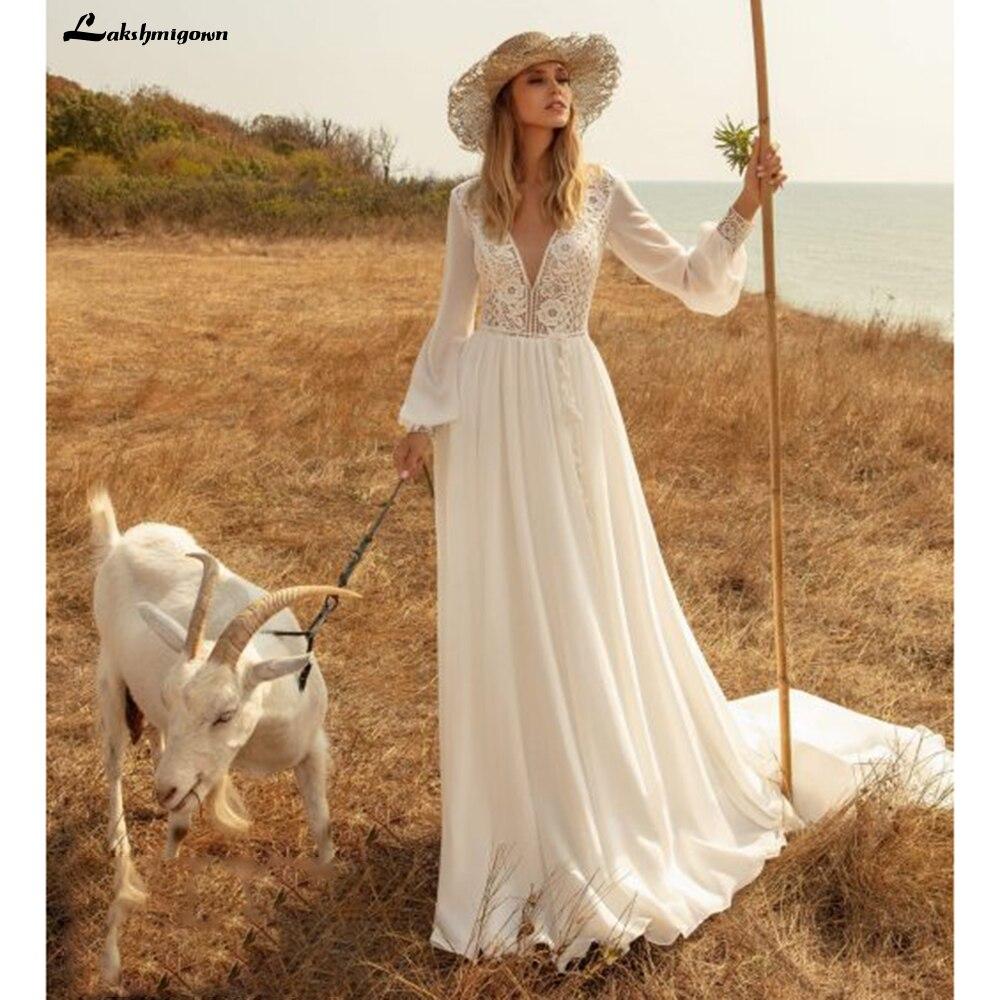 Long Sleeves Beach Wedding Dresses Lace Deep V Neck - ROYCEBRIDAL OFFICIAL STORE