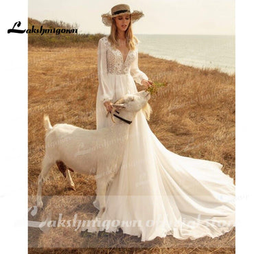 Long Sleeves Beach Wedding Dresses Lace Deep V Neck - ROYCEBRIDAL OFFICIAL STORE