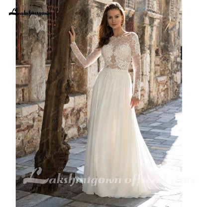 Long sleeves lace Court Train Wedding Dress - ROYCEBRIDAL OFFICIAL STORE