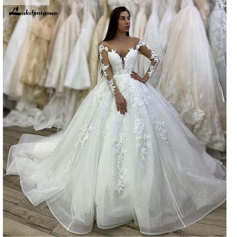 Long Sleeves V-Neck Floor-Length Ball gown Wedding dress - ROYCEBRIDAL OFFICIAL STORE