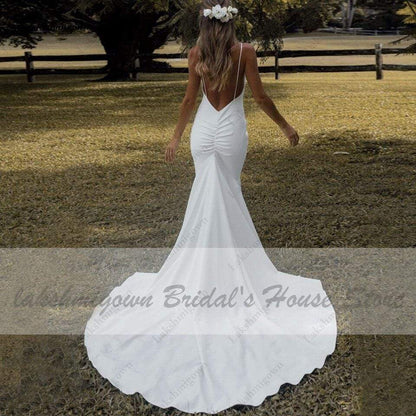 Lovely Satin Wedding Dress Backless Spaghetti Straps Elegant - ROYCEBRIDAL OFFICIAL STORE