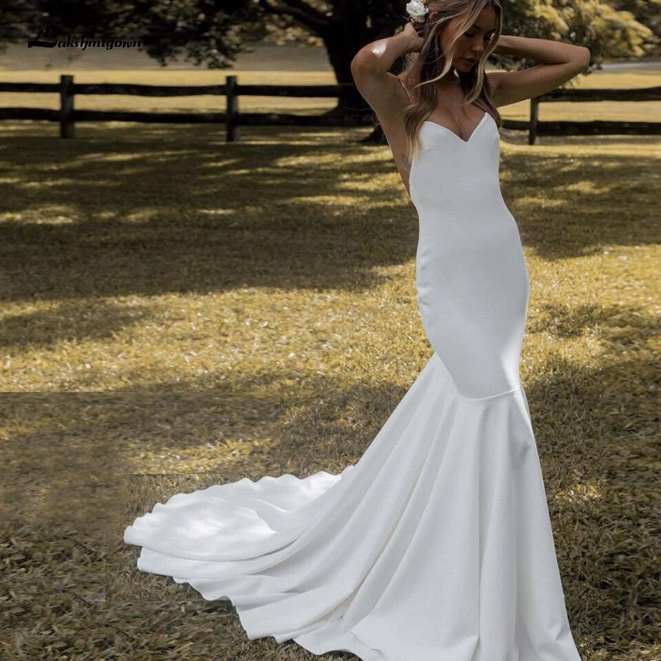 Lovely Satin Wedding Dress Backless Spaghetti Straps Elegant - ROYCEBRIDAL OFFICIAL STORE