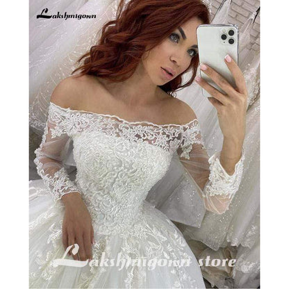 Luxurious White Lace Tulle Off the shoulder Long Sleeves - ROYCEBRIDAL OFFICIAL STORE