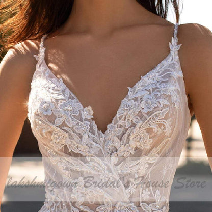 Luxury Beaded Lace Bohemian Wedding Dress Spaghetti Straps Sexy - ROYCEBRIDAL OFFICIAL STORE