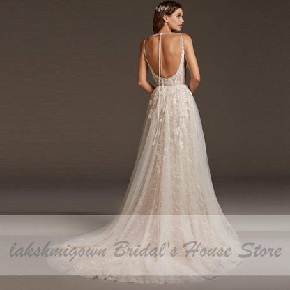 Luxury Beaded Lace Bohemian Wedding Dress Spaghetti Straps Sexy - ROYCEBRIDAL OFFICIAL STORE