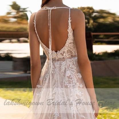 Luxury Beaded Lace Bohemian Wedding Dress Spaghetti Straps Sexy - ROYCEBRIDAL OFFICIAL STORE