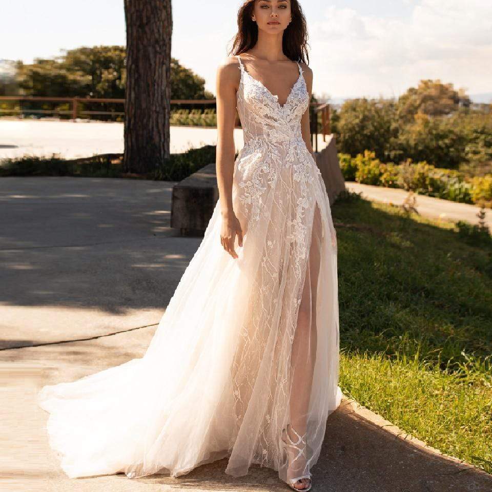 Luxury Beaded Lace Bohemian Wedding Dress Spaghetti Straps Sexy - ROYCEBRIDAL OFFICIAL STORE