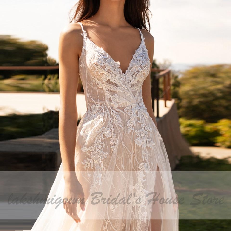 Luxury Beaded Lace Bohemian Wedding Dress Spaghetti Straps Sexy - ROYCEBRIDAL OFFICIAL STORE