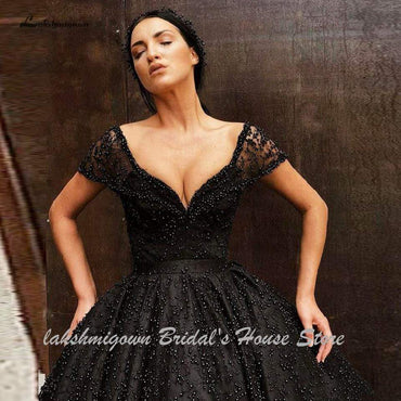 Luxury Black Pearls Wedding Dress Floor Length - ROYCEBRIDAL OFFICIAL STORE