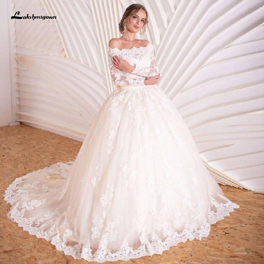 Luxury Champagne Wedding Dress Long Sleeve Lace Elegant - ROYCEBRIDAL OFFICIAL STORE