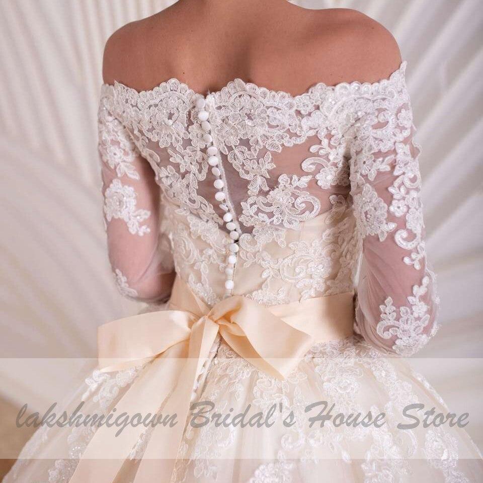 Luxury Champagne Wedding Dress Long Sleeve Lace Elegant - ROYCEBRIDAL OFFICIAL STORE