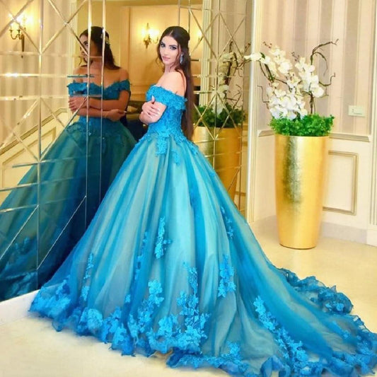 Luxury Dubai Floral Blue Wedding Gowns Off Shoulder Princess - ROYCEBRIDAL OFFICIAL STORE