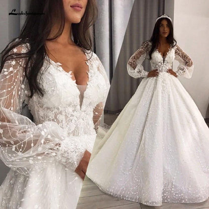 Luxury Dubai Lace Wedding Gowns Puffy Long Sleeves - ROYCEBRIDAL OFFICIAL STORE