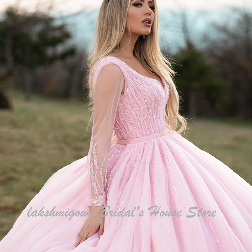 Luxury Dubai Wedding Gowns Long Sleeves Beaded Princess Pink - ROYCEBRIDAL OFFICIAL STORE