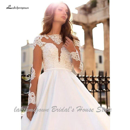 Luxury Satin Wedding Dress Long Sleeve Sheer Illusion Lace Top - ROYCEBRIDAL OFFICIAL STORE